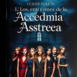 Una portada cautivadora para un libro titulado 'Los enigmas de la Academia Astrea', que representa romance, misterio y asesinatos