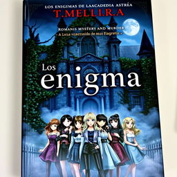 A captivating book cover for a novel titled 'Los enigmas de la Academia Astrea', highlighting themes of romance, mystery, and murder