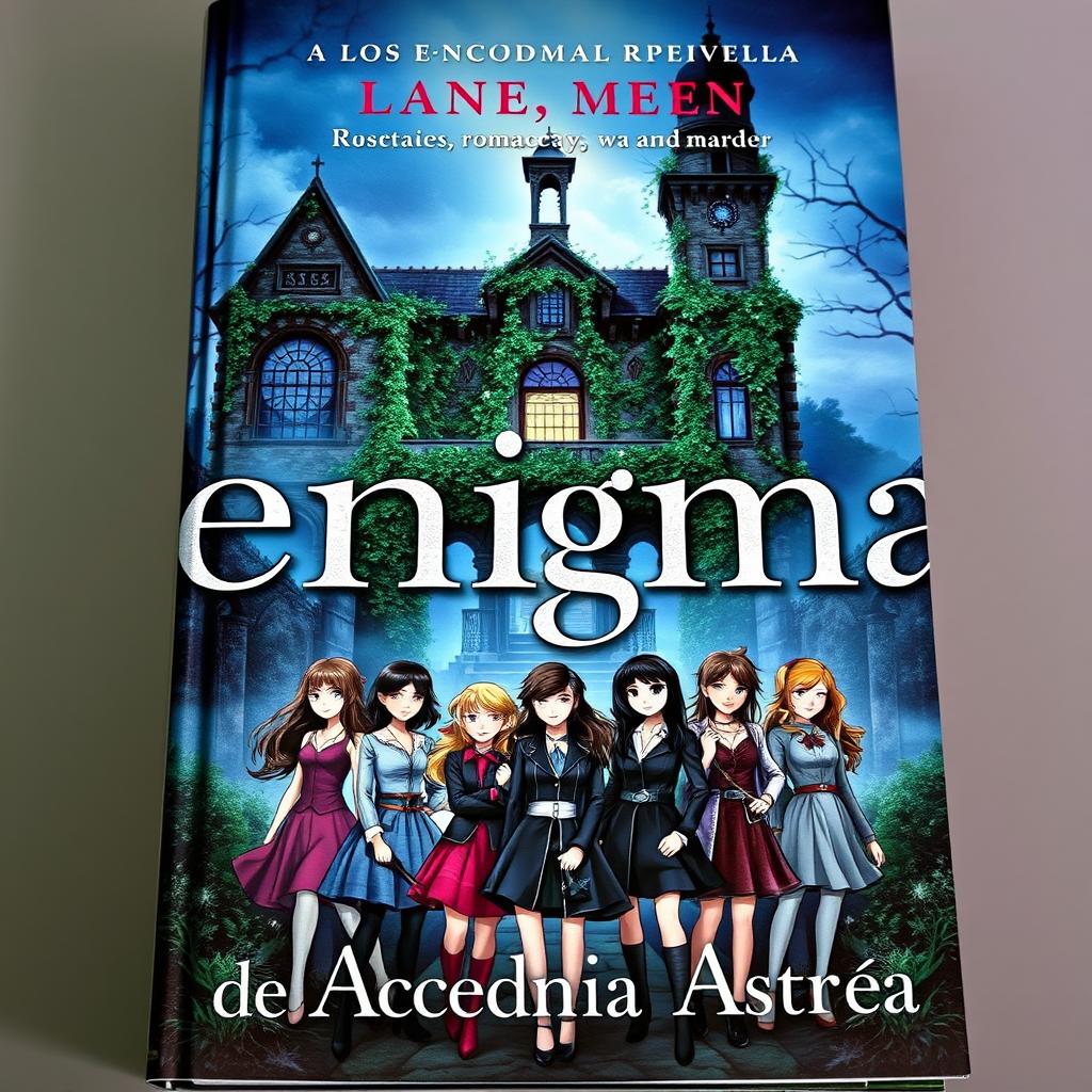 A captivating book cover for a novel titled 'Los enigmas de la Academia Astrea', highlighting themes of romance, mystery, and murder