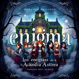 A captivating book cover for a novel titled 'Los enigmas de la Academia Astrea', highlighting themes of romance, mystery, and murder