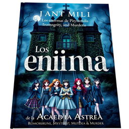 A captivating book cover for a novel titled 'Los enigmas de la Academia Astrea', highlighting themes of romance, mystery, and murder