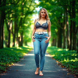 A beautiful, stunning, sexy girl with medium breasts and very wide, bulging hips
