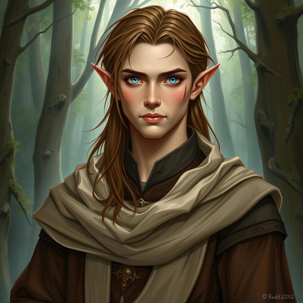 A portrait of a youthful elf with long, flowing hair and striking blue eyes, standing in a mystical forest