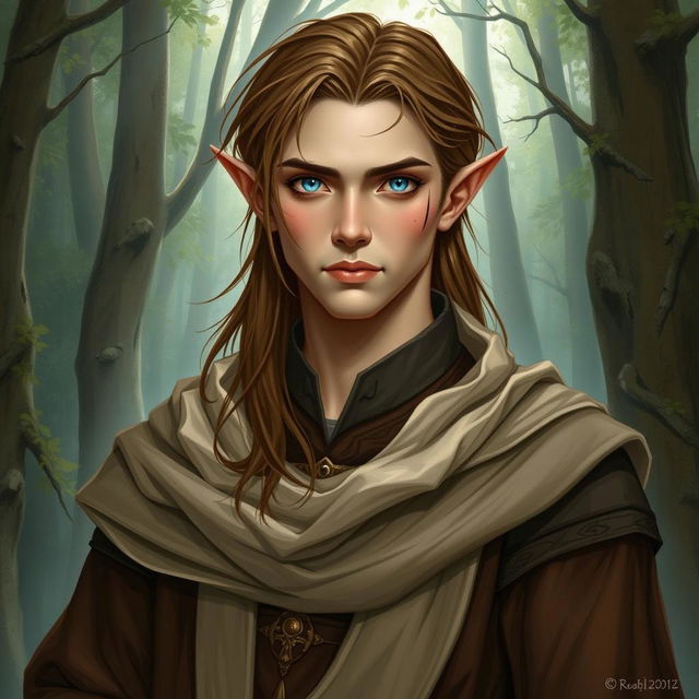 A portrait of a youthful elf with long, flowing hair and striking blue eyes, standing in a mystical forest
