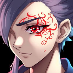 An impressive character design featuring a distinct, intricate red tattoo-like marking around their right eye, resembling ancient celestial symbols