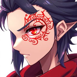 An impressive character design featuring a distinct, intricate red tattoo-like marking around their right eye, resembling ancient celestial symbols