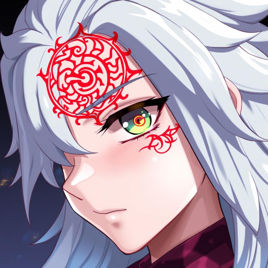 An impressive character design featuring a distinct, intricate red tattoo-like marking around their right eye, resembling ancient celestial symbols