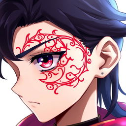 An impressive character design featuring a distinct, intricate red tattoo-like marking around their right eye, resembling ancient celestial symbols