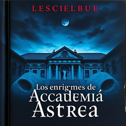 Una portada intrigante para un libro titulado 'Los enigmas de la Academia Astrea', que refleja temas de romance, misterio y asesinatos