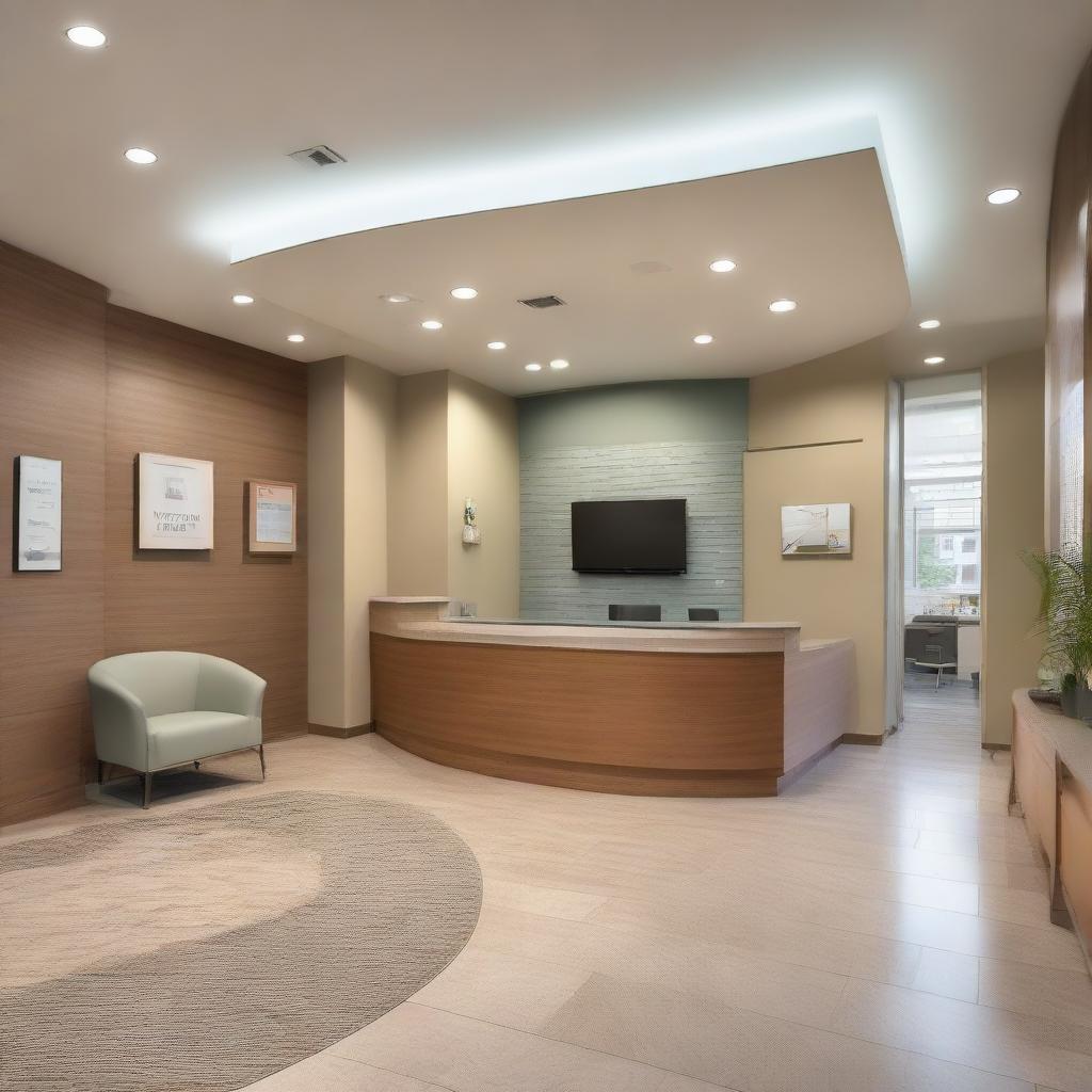 A sizable reception area in a dental clinic, comfortably furnished with 15 chairs. Other elements include a neat reception desk, informational literature on side tables, ambient lighting, and a soothing color palette.