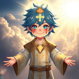 A captivating character design featuring blue hair and a radiant, glowing cross-like mark on their forehead