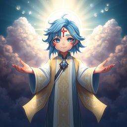 A captivating character design featuring blue hair and a radiant, glowing cross-like mark on their forehead