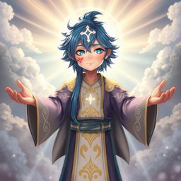 A captivating character design featuring blue hair and a radiant, glowing cross-like mark on their forehead