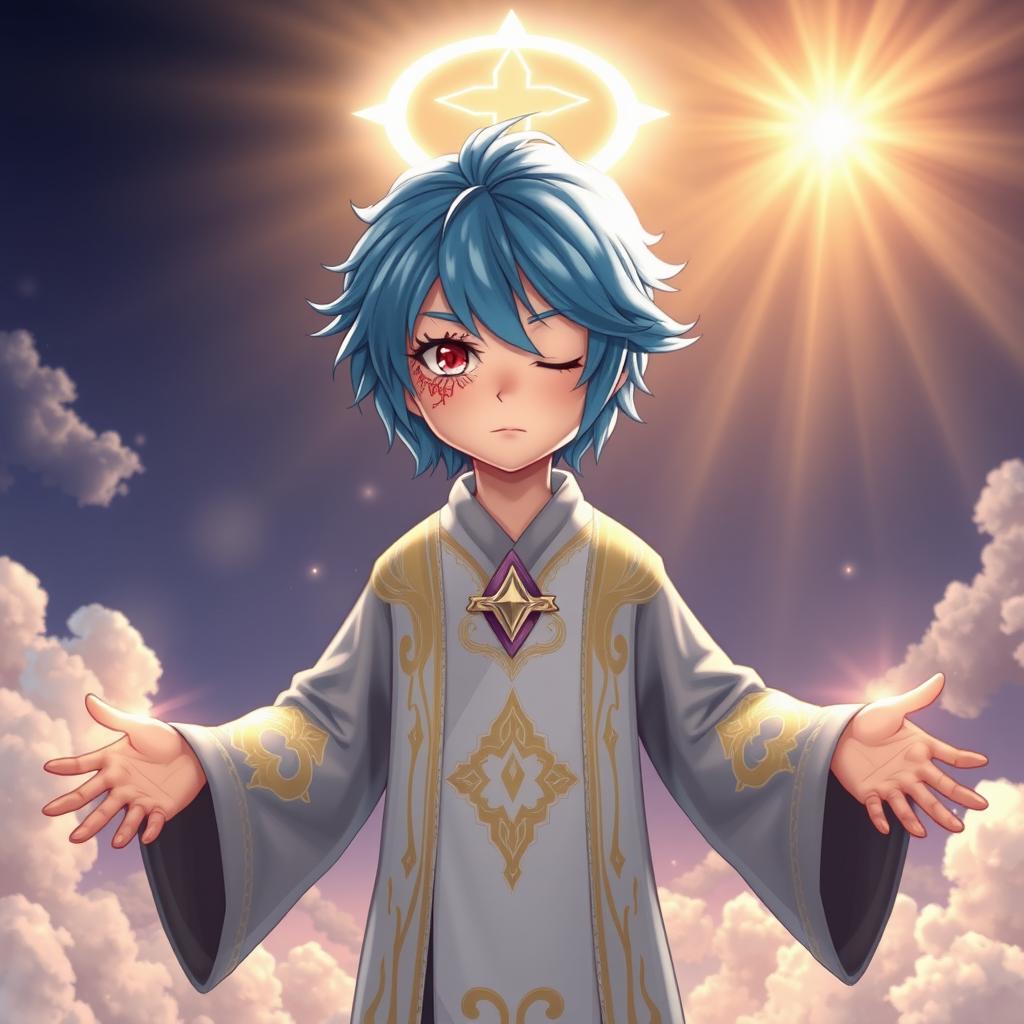 A captivating character design featuring blue hair and a radiant, glowing cross-like mark on their forehead