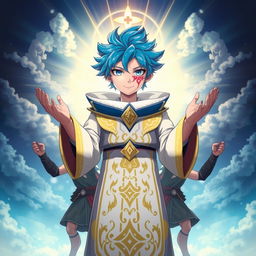 A striking character design featuring blue hair and a radiant, glowing cross-like mark on their forehead, displaying a distinct, intricate red tattoo-like marking around their left eye