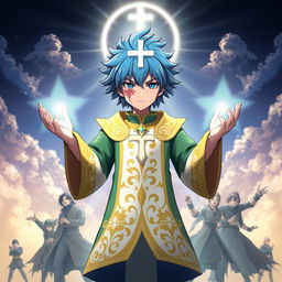 A striking character design featuring blue hair and a radiant, glowing cross-like mark on their forehead, displaying a distinct, intricate red tattoo-like marking around their left eye