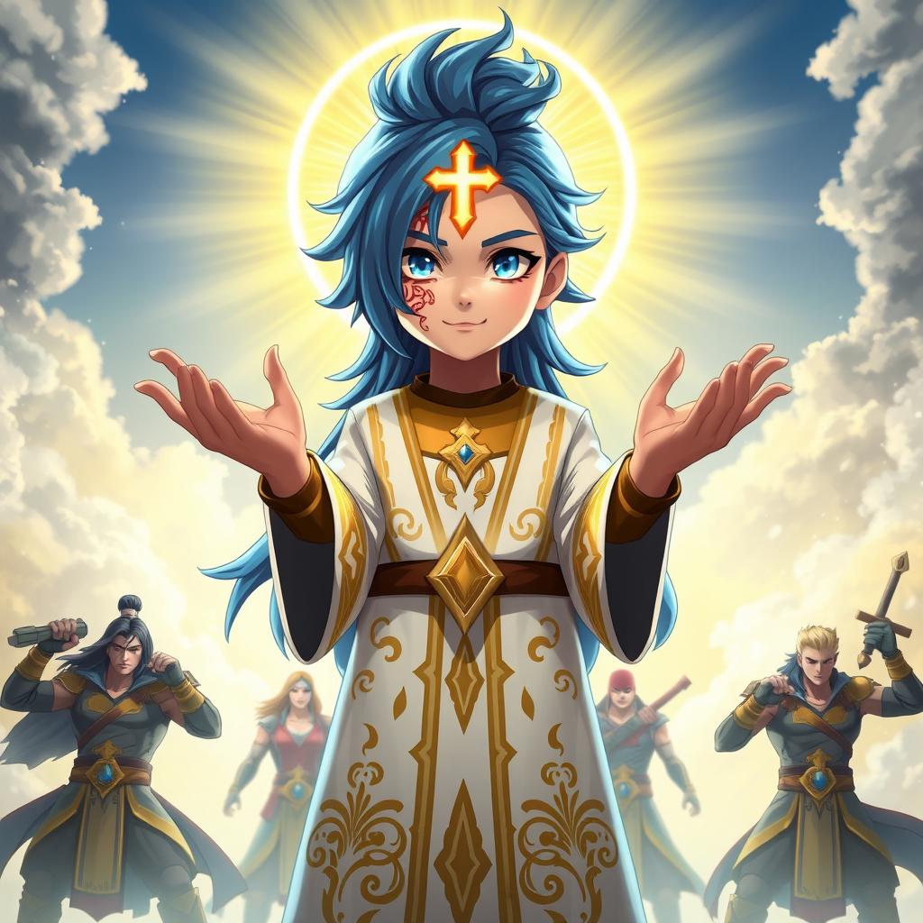 A striking character design featuring blue hair and a radiant, glowing cross-like mark on their forehead, displaying a distinct, intricate red tattoo-like marking around their left eye