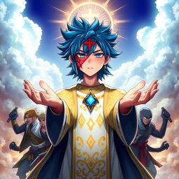 A striking character design featuring blue hair and a radiant, glowing cross-like mark on their forehead, displaying a distinct, intricate red tattoo-like marking around their left eye