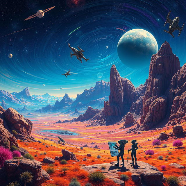 A stunning representation of an alien landscape on another planet, showcasing vibrant color palettes of extraterrestrial vegetation and unusual rock formations under a luminous, swirling sky filled with stars and distant galaxies