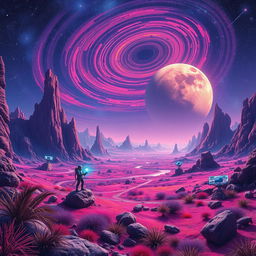 A stunning representation of an alien landscape on another planet, showcasing vibrant color palettes of extraterrestrial vegetation and unusual rock formations under a luminous, swirling sky filled with stars and distant galaxies