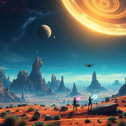 A stunning representation of an alien landscape on another planet, showcasing vibrant color palettes of extraterrestrial vegetation and unusual rock formations under a luminous, swirling sky filled with stars and distant galaxies