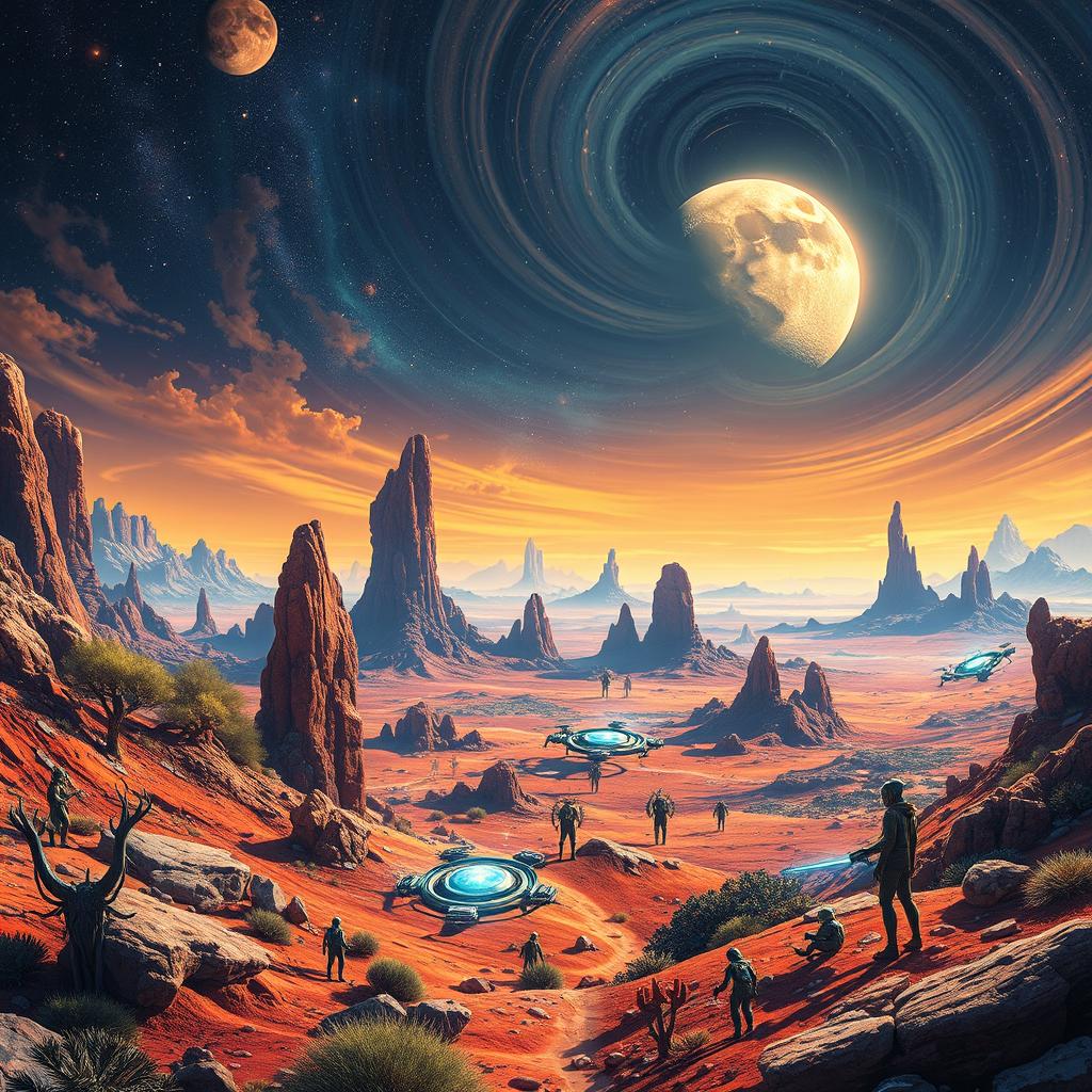 A stunning representation of an alien landscape on another planet, showcasing vibrant color palettes of extraterrestrial vegetation and unusual rock formations under a luminous, swirling sky filled with stars and distant galaxies