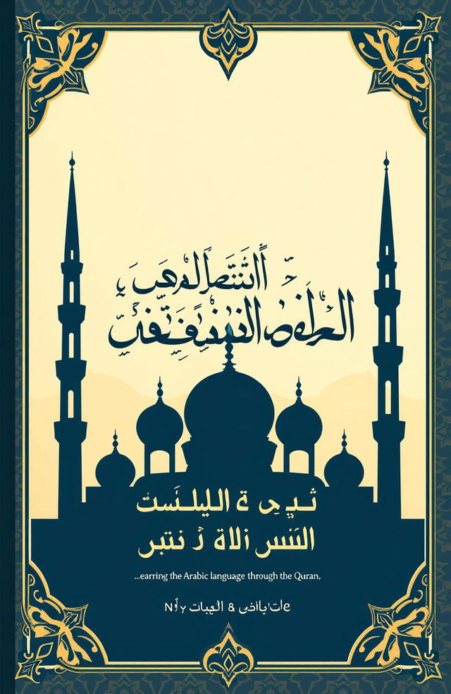 An illustrative cover for the book titled "التركيز على قواعد تعلم اللغة القرآن العزيز" featuring Arabic calligraphy prominently displayed