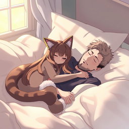 A serene and cozy scene featuring a cat girl with playful cat ears and a soft fluffy tail sleeping peacefully next to her master