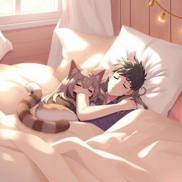 A serene and cozy scene featuring a cat girl with playful cat ears and a soft fluffy tail sleeping peacefully next to her master