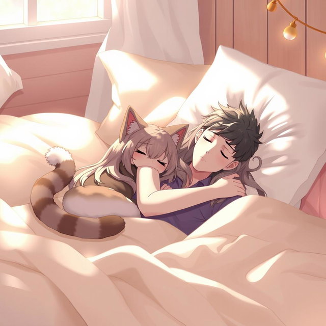 A serene and cozy scene featuring a cat girl with playful cat ears and a soft fluffy tail sleeping peacefully next to her master