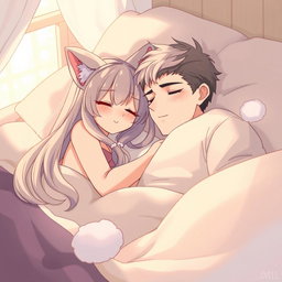 A serene and cozy scene featuring a cat girl with playful cat ears and a soft fluffy tail sleeping peacefully next to her master