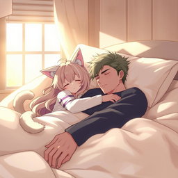 A serene and cozy scene featuring a cat girl with playful cat ears and a soft fluffy tail sleeping peacefully next to her master