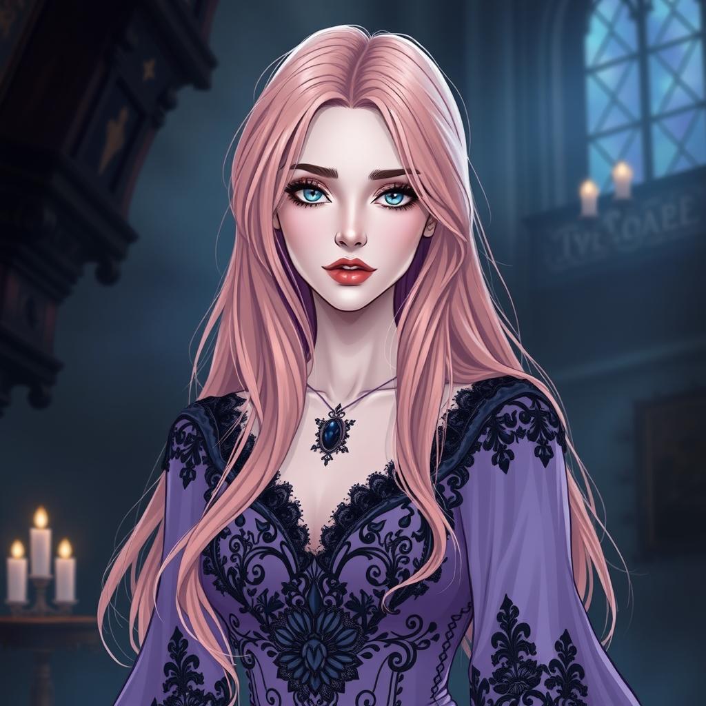 A graphic illustrative image of a pale woman in her mid-30s with icy blue eyes and long, rose gold hair cascading past her shoulders