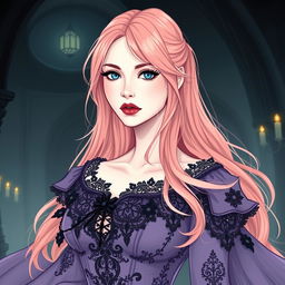 A graphic illustrative image of a pale woman in her mid-30s with icy blue eyes and long, rose gold hair cascading past her shoulders
