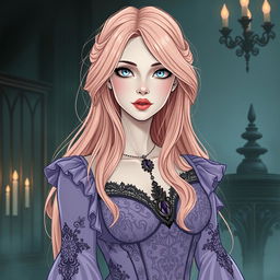 A graphic illustrative image of a pale woman in her mid-30s with icy blue eyes and long, rose gold hair cascading past her shoulders