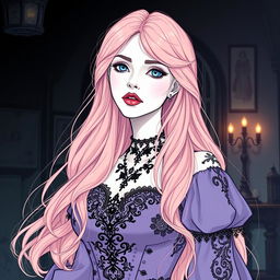 A graphic illustrative image of a pale woman in her mid-30s with icy blue eyes and long, rose gold hair cascading past her shoulders
