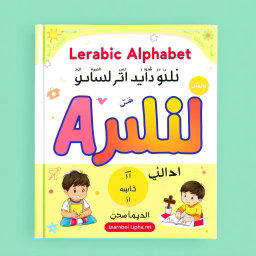 A visually stimulating book cover designed for learning the Arabic alphabet, featuring large, colorful Arabic letters in an engaging, child-friendly font