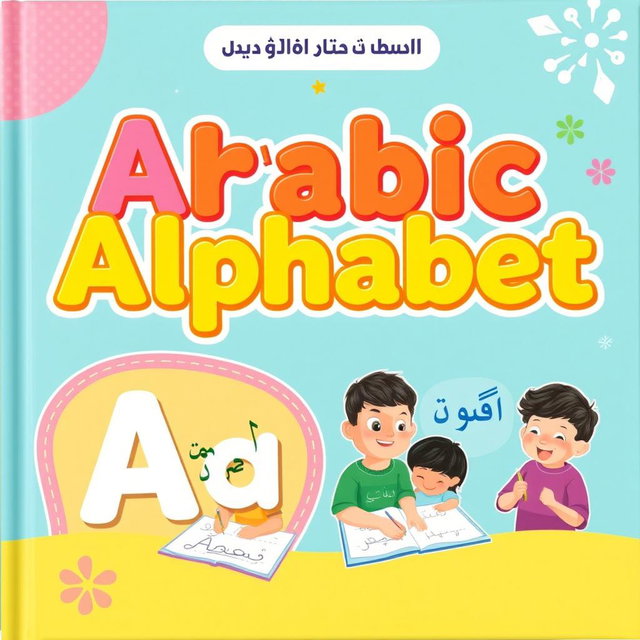 A visually stimulating book cover designed for learning the Arabic alphabet, featuring large, colorful Arabic letters in an engaging, child-friendly font