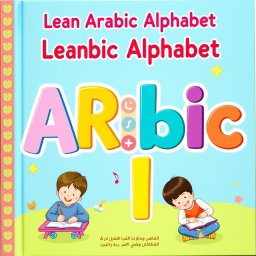 A visually stimulating book cover designed for learning the Arabic alphabet, featuring large, colorful Arabic letters in an engaging, child-friendly font