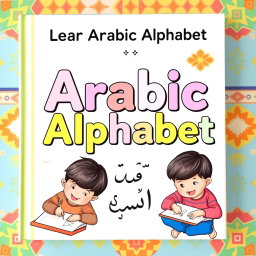 A visually stimulating book cover designed for learning the Arabic alphabet, featuring large, colorful Arabic letters in an engaging, child-friendly font