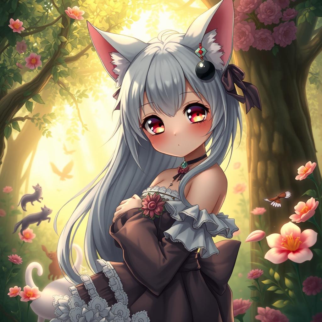 A sensual and artistic interpretation of an anthropomorphic cat girl in anime style, featuring large expressive eyes, playful demeanor, and unique cat-like features