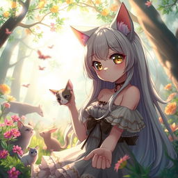 A sensual and artistic interpretation of an anthropomorphic cat girl in anime style, featuring large expressive eyes, playful demeanor, and unique cat-like features