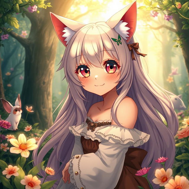 A sensual and artistic interpretation of an anthropomorphic cat girl in anime style, featuring large expressive eyes, playful demeanor, and unique cat-like features