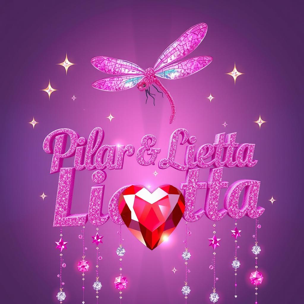 A vibrant, hyperrealistic graphic design featuring the text 'Pilar & Lietta' in a large, stylized, 3D, pink glittery font against a muted greyish-purple background