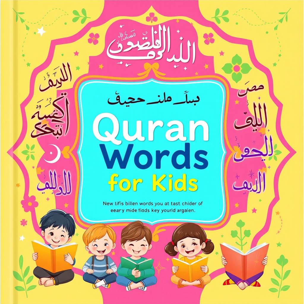 A vibrant and engaging book cover designed for children to learn Quranic words, featuring beautifully illustrated Arabic calligraphy of key Quranic words prominently displayed