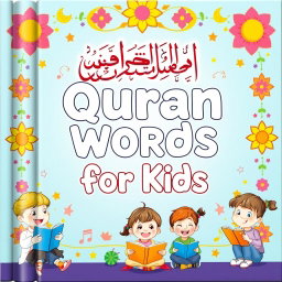 A vibrant and engaging book cover designed for children to learn Quranic words, featuring beautifully illustrated Arabic calligraphy of key Quranic words prominently displayed