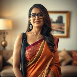 A sophisticated South Asian woman, affectionately known as 'bhabhi', who is approximately 40 years old