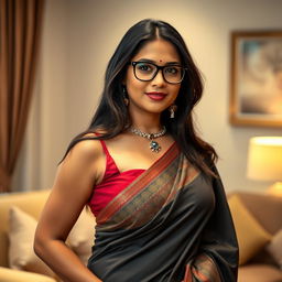 A sophisticated South Asian woman, affectionately known as 'bhabhi', who is approximately 40 years old