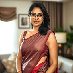 A captivating South Asian woman, known as 'bhabhi', who is approximately 40 years old