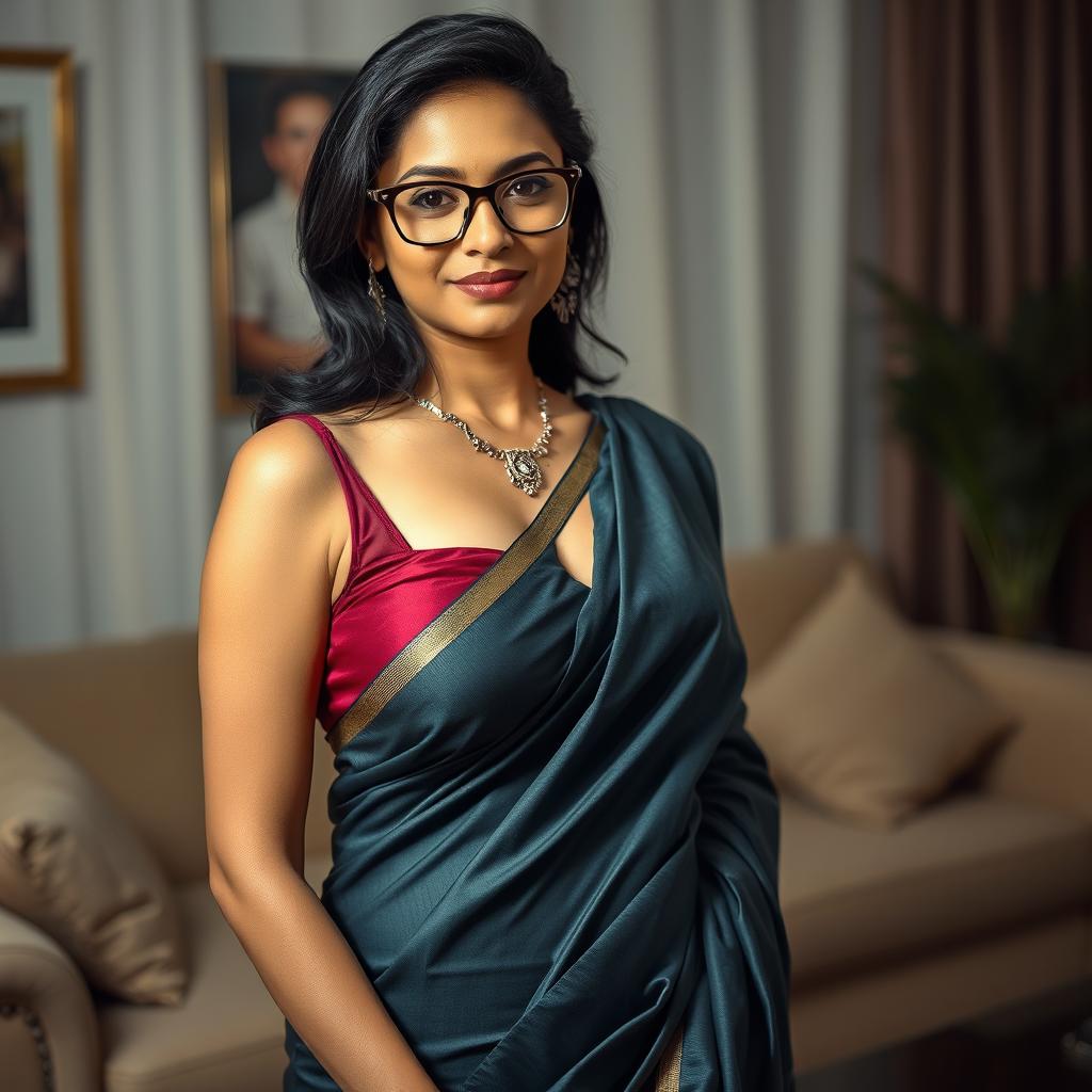 A captivating South Asian woman, known as 'bhabhi', who is approximately 40 years old